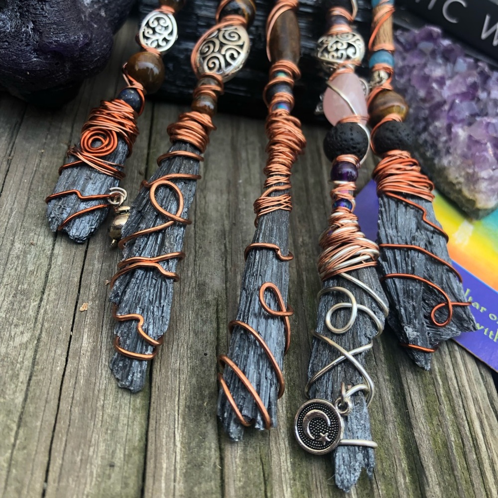 Wire Wrapped Black Kyanite Witch’s Broom Besom Necklace